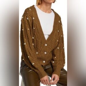 En Saison Ginnie Faux Pearl-Embellished Cardigan, Brown, sz L